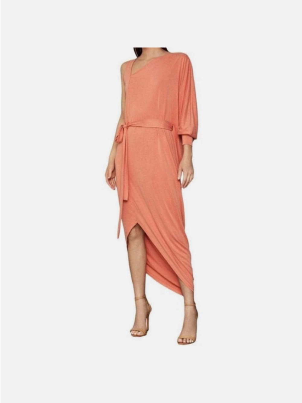 BCBG Coral One-Shoulder Midi Dress with Tie Waist